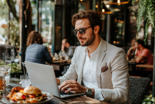 Wallpaper Mural A stylish businessman in sunglasses works on his laptop at an outdoor cafe. A blend of modern work culture and relaxed ambiance. Torontodigital.ca