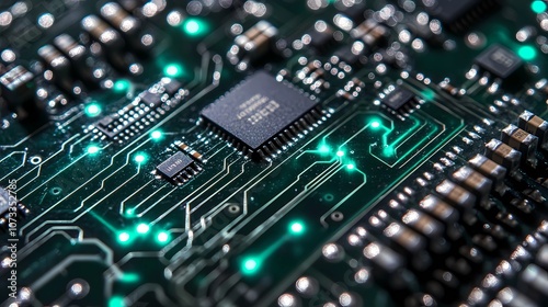 Complex pattern of electronic microchips with highlighted pathways, suitable for backgrounds related to AI, computing, and digital innovation