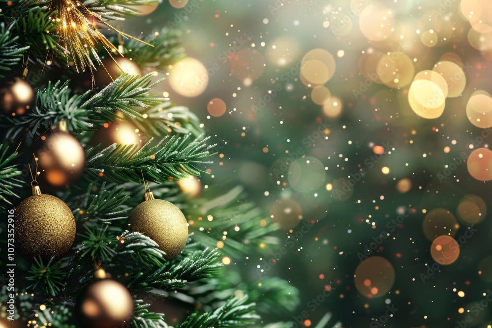 Close-up of Christmas tree with red balls and bokeh in the background. Neural network ai generated art