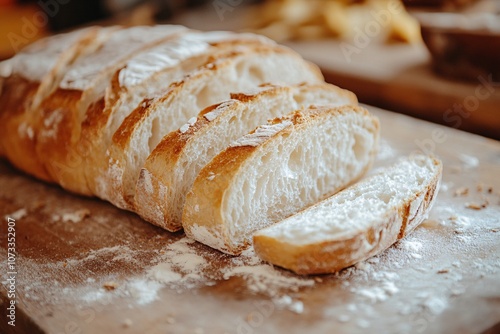 Freshly baked artisan bread loaf displayed on a wooden table, sliced to reveal its soft interior and crusty exterior in a cozy kitchen