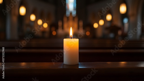 Candle in a dimly lit church – Evoking a sense of peace, reverence, and spirituality, with soft lighting creating a serene and contemplative atmosphere