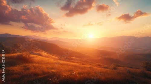 Golden hour paints the sky with vibrant hues as the sun sets over a rolling hillscape.