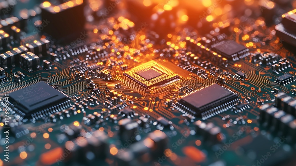 Complex pattern of electronic microchips with highlighted pathways, suitable for backgrounds related to AI, computing, and digital innovation Complex pattern of electronic microchips with highlighted pathways, suitable for backgrounds related to AI, computing, and digital innovation