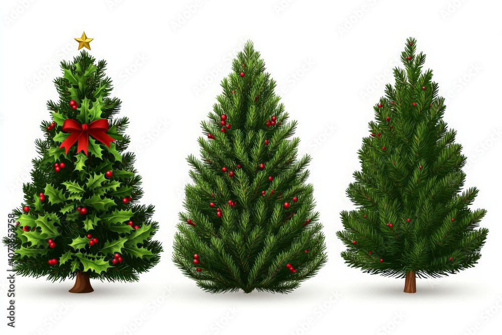 Fototapeta premium Trio of large traditional Christmas trees with gold and red decorations on a vibrant green background capturing a timeless festive aesthetic