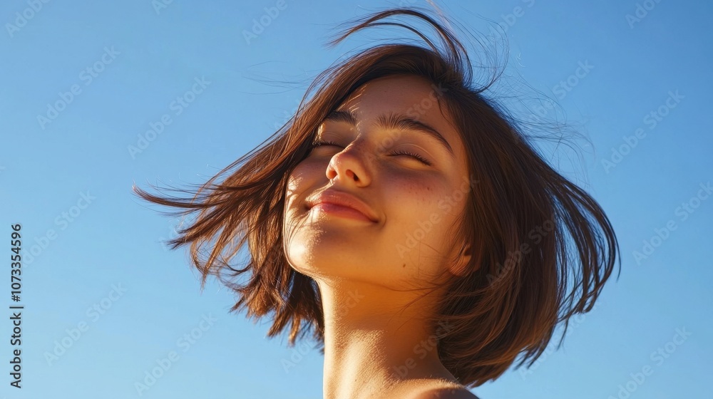 Young woman enjoying the sunshine on a clear day, her hair gently blowing in the wind, with a bright blue sky creating a serene and joyful atmosphere for outdoor beauty.