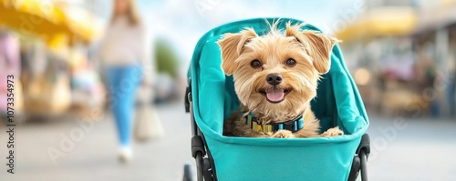 Dog in a pet stroller at an outdoor market, owner shopping with dog safely nestled in