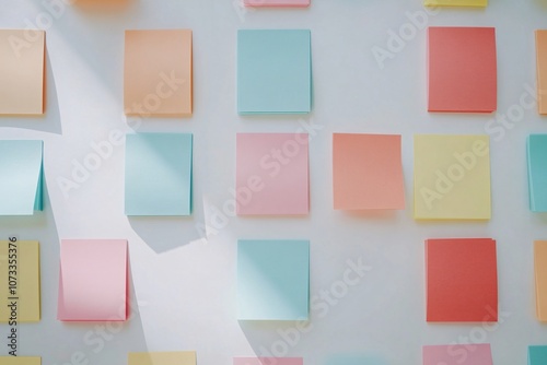 Colorful sticky notes scattered on a white surface create a vibrant and playful workspace atmosphere