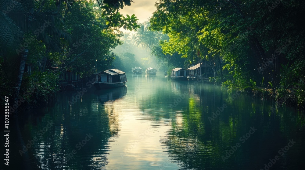 Obraz premium Tranquil canal scene with several boats docked along the lush green banks. The calm water reflects the surrounding foliage creating a picturesque setting.