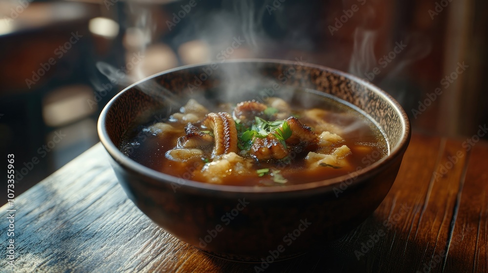 A steaming bowl of soup with octopus and dumplings. The soup is a dark brown color and has a rich, savory aroma.