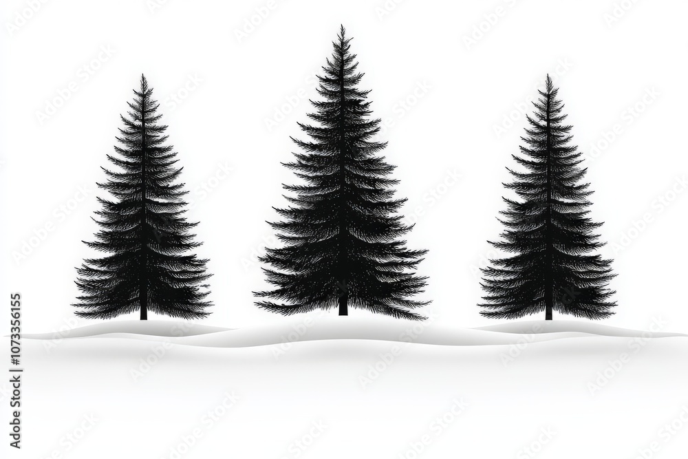 Obraz premium Silhouettes of three pine trees on a snowy ground set against a white background presenting a minimalist winter scene with serene beauty and natural elegance