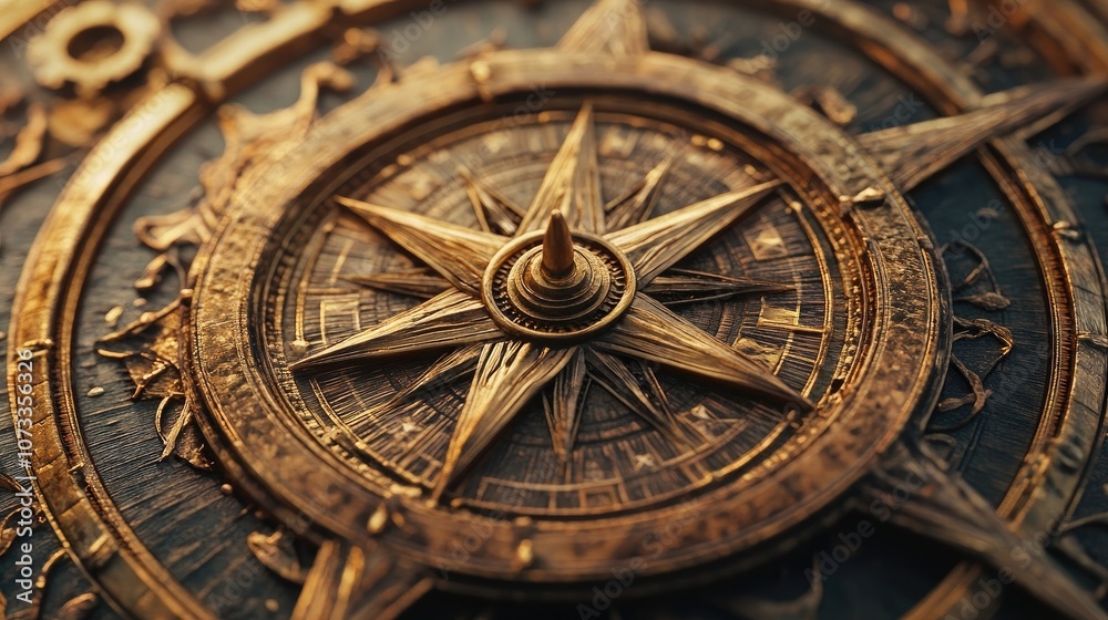 Obraz premium A close-up of a golden compass with intricate details. The compass is a symbol of direction and guidance.