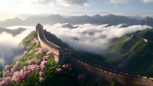 Great Wall of China during spring surrounded by mist – Capturing historical grandeur, seasonal beauty, and the serene atmosphere of a misty landscape