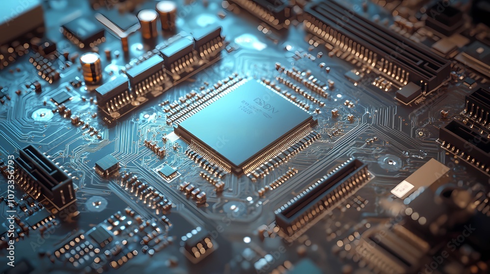 Fototapeta premium Abstract microchip surface texture with interconnected lines and nodes, suitable for backgrounds focused on tech, innovation, or data connectivity themes