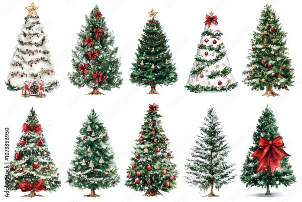 Set of nine Christmas trees decorated with various styles and ornaments displayed against a white background showcasing festive diversity and colorful holiday charm Set of nine Christmas trees decorated with various styles and ornaments displayed against a white background showcasing festive diversity and colorful holiday charm