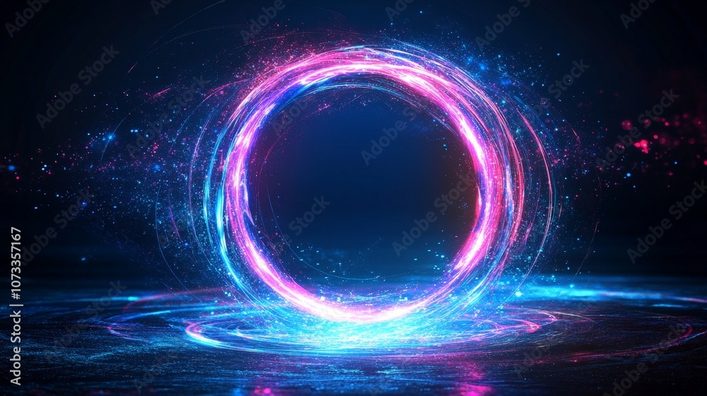 Creative glowing digital tech circle on dark background, concept of big data and technology trends Creative glowing digital tech circle on dark background, concept of big data and technology trends