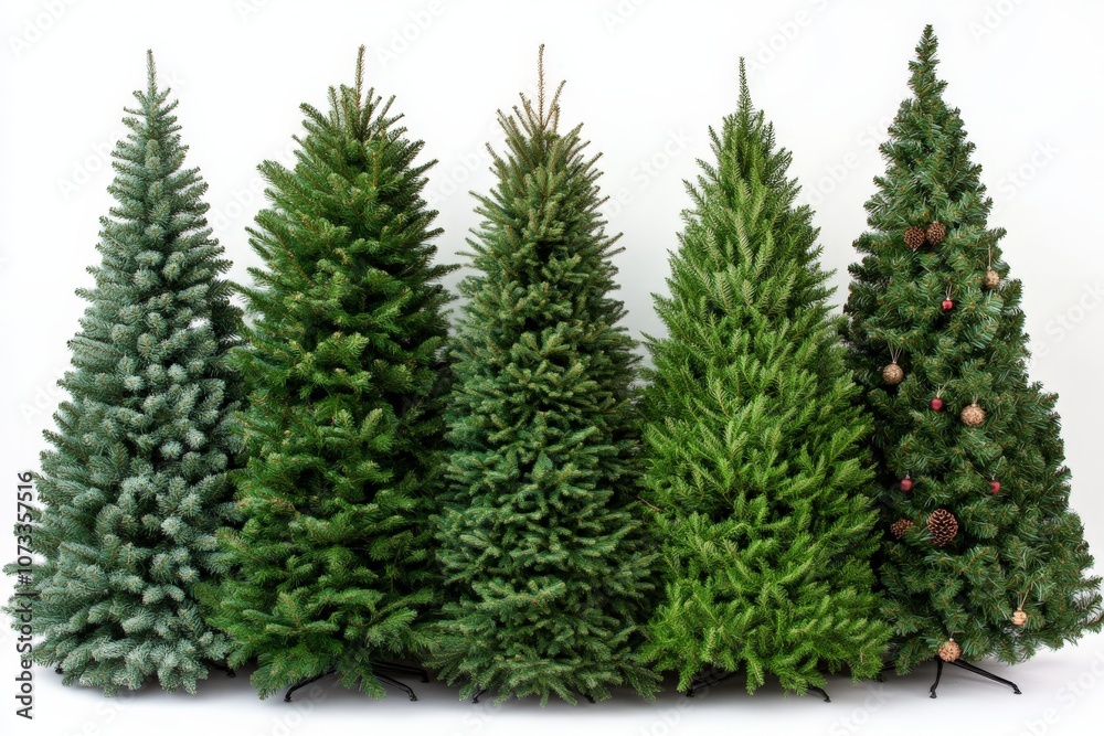 Obraz premium Six varieties of evergreen trees including frosted and decorated types arranged in a row against a neutral background showcasing natural diversity in holiday greenery