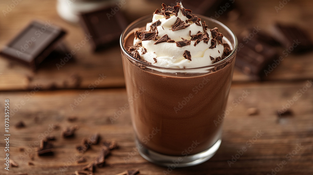 Chocolate mousse topped with whipped cream and chocolate curls on wooden table. Decadent dessert with rich chocolate flavor. Chocolate mousse topped with whipped cream and chocolate curls on wooden table. Decadent dessert with rich chocolate flavor.