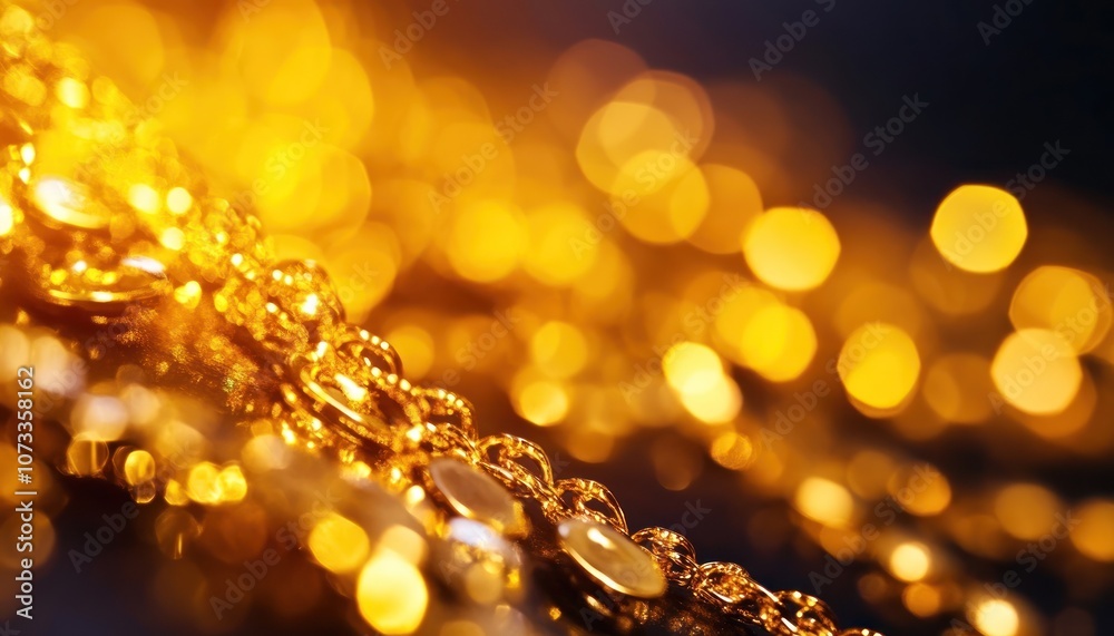 A shimmering display of golden beads and lights, creating an elegant and luxurious atmosphere with a bokeh effect.