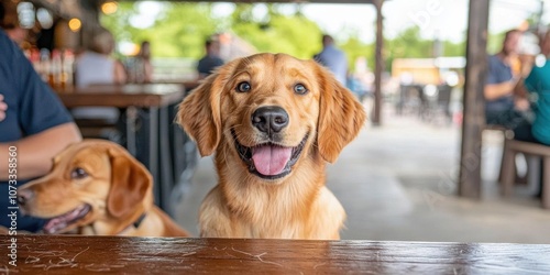 Smiling dog at a petfriendly brewery, people socializing with dogs beside them, cozy and rustic vibe photo