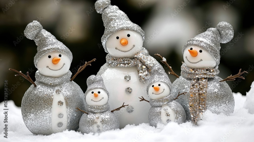 Sparkling and Cheerful Snowman Family in a Winter Wonderland Scene, Each Adorned with Festive Hats and Accessories, Surrounded by Soft Snow Background Sparkling and Cheerful Snowman Family in a Winter Wonderland Scene, Each Adorned with Festive Hats and Accessories, Surrounded by Soft Snow Background