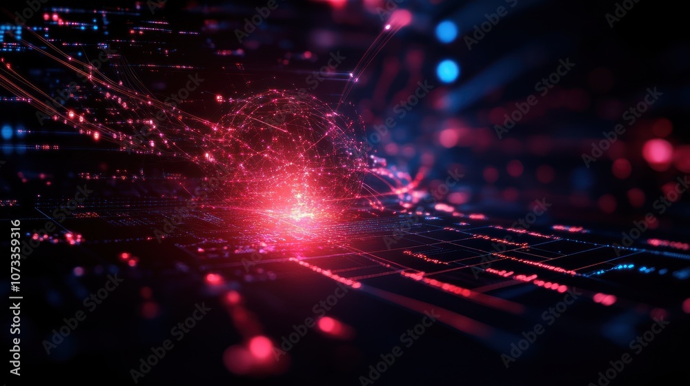 A vibrant digital scene featuring glowing particles and linear structures, creating a sense of depth and energy in a high-tech environment.