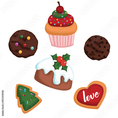 Colorful Christmas Holiday Food Snack Dessert Cake Cupcake Gingerbread Cookies Candy Cupcake Chocolate Cartoon Illustration Vector Clipart Sticker Decoration Accessories