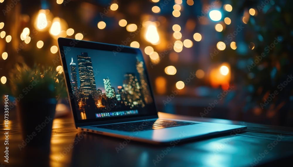 A laptop displays a city skyline at night, surrounded by warm, glowing lights and a potted plant, creating a cozy, inviting atmosphere. A laptop displays a city skyline at night, surrounded by warm, glowing lights and a potted plant, creating a cozy, inviting atmosphere.