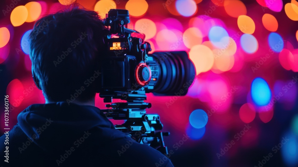 A photographer captures vibrant, colorful lights with a DSLR camera, showcasing a blend of technology and creativity in a dynamic environment. A photographer captures vibrant, colorful lights with a DSLR camera, showcasing a blend of technology and creativity in a dynamic environment.