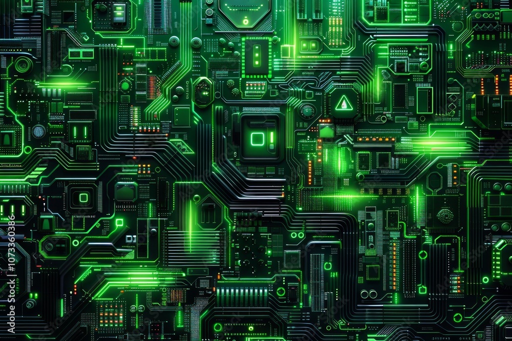 Close-up Macro Shot of Printed Circuit Board with Computer Motherboard Component Microchip. Neural network ai generated art Close-up Macro Shot of Printed Circuit Board with Computer Motherboard Component Microchip. Neural network ai generated art