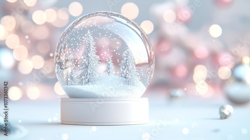 Create a magical winter wonderland with a beautiful snow globe featuring elegant snow-covered trees photo