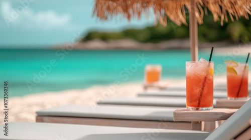 Refreshing cocktails on a sandy beach under a straw umbrella, perfect for a summer getaway and relaxation. photo