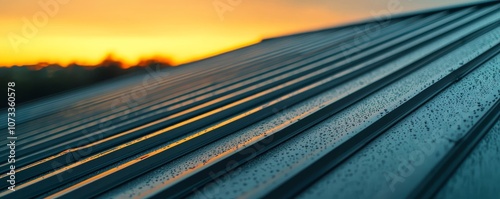 A close-up view of a metal roof with rain droplets, reflecting the vibrant colors of the sunset in the background.