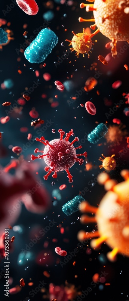 A vibrant of microorganisms, including viruses and bacteria, set against a dark background, emphasizing their complexity and microscopic nature. A vibrant of microorganisms, including viruses and bacteria, set against a dark background, emphasizing their complexity and microscopic nature.