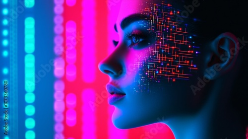 A futuristic portrait of a young woman with digital circuits projected on her face, illuminated by vibrant neon lights.