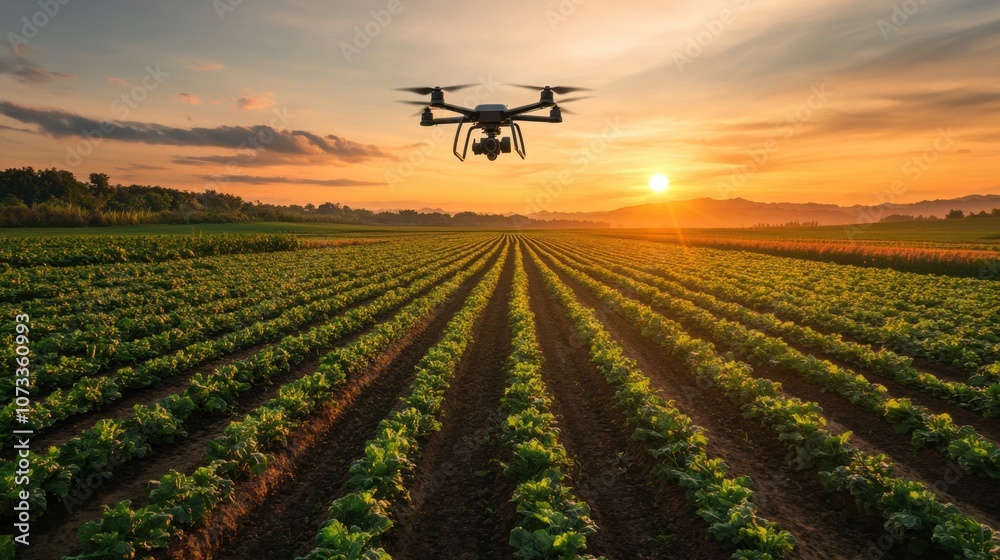Aerial View of Drone Flying Over Rows of Green Crops at Sunset in Vast Agricultural Landscape with Vibrant Sky and Sun Rays Illuminating the Fields Aerial View of Drone Flying Over Rows of Green Crops at Sunset in Vast Agricultural Landscape with Vibrant Sky and Sun Rays Illuminating the Fields