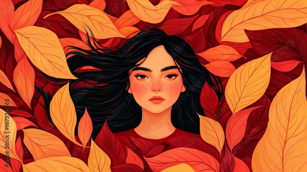 A serene portrait of a woman surrounded by colorful autumn leaves, embodying the beauty and tranquility of the season. A serene portrait of a woman surrounded by colorful autumn leaves, embodying the beauty and tranquility of the season.