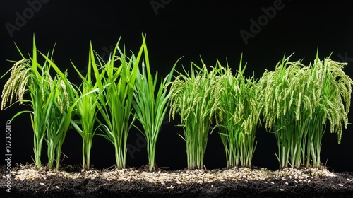A vibrant display of rice plants at various growth stages, set against a dark background, showcasing their lush green leaves and developing grains.