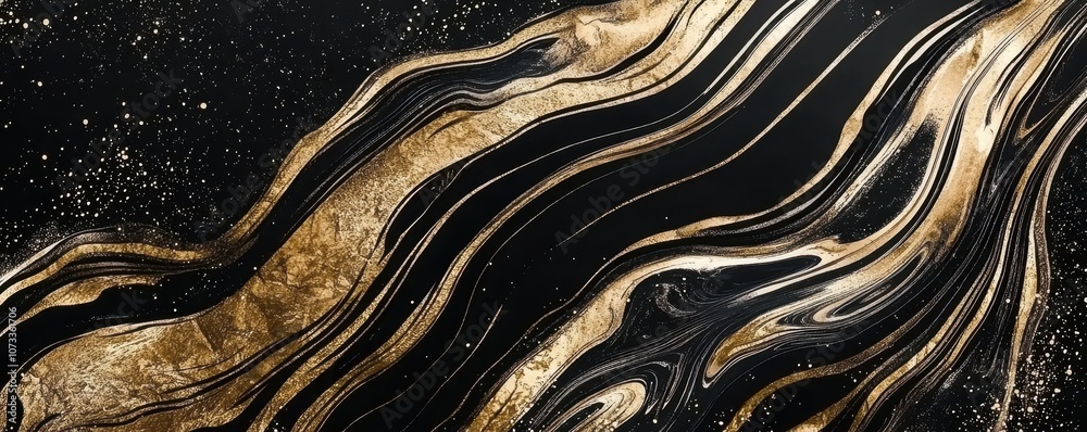 Obraz premium Swirling golden and black marble texture, abstract fluid design with rich metallic tones, bold artistic style