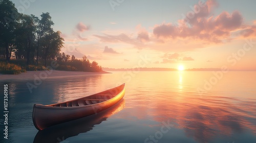 A Serene Canoe Floating on a Calm Ocean at Sunset