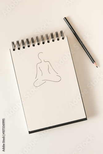 Flat lay shot of a sketchbook on a white background. Minimal line art drawing of a yoga pose. Creative health and wellness concept.