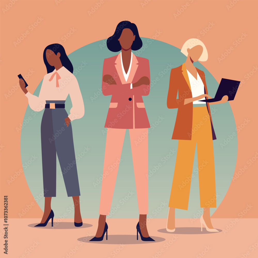 Fototapeta premium Flat Design Illustration of Boss Women, Confident Businesswomen in Professional Attire, Holding Smartphone, Laptop, and Posing with Authority. Vector Art Representing Leadership