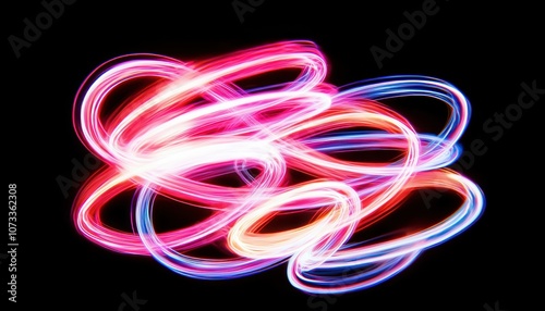 Abstract neon light trails in vivid colors, overlapping energy waves on a black backdrop, futuristic motion art