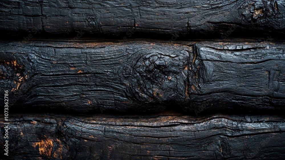 A close-up of charred wooden logs with a textured surface. A close-up of charred wooden logs with a textured surface.