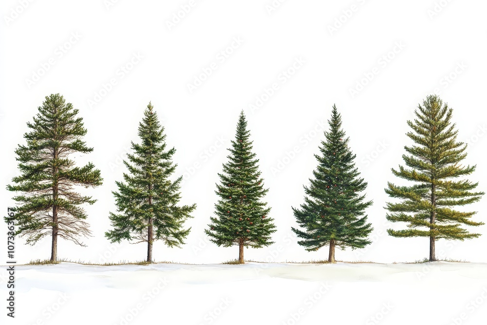 Obraz premium Winter scene featuring a row of evergreen trees covered in snow on a pristine white field under a soft blue sky evoking peaceful seasonal tranquility