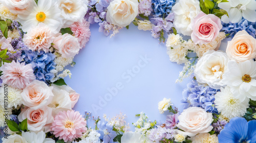 Fototapeta Naklejka Na Ścianę i Meble -  blossom flowers blooming floral festive bouquet wall fashion blue purple pink white background with copy space. 3D fashion pastel beautiful card wallpaper