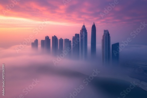 Cityscape in Morning Fog: A bustling city skyline barely visible through the morning fog.