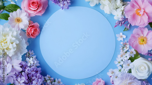 blossom flowers blooming floral festive bouquet wall fashion blue purple pink white background with copy space. 3D fashion pastel beautiful card wallpaper