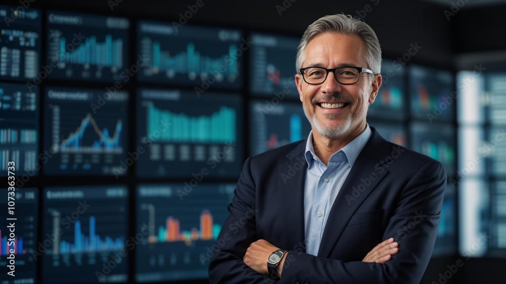 Confident Businessman Analyzing Financial Data Charts, Business Success