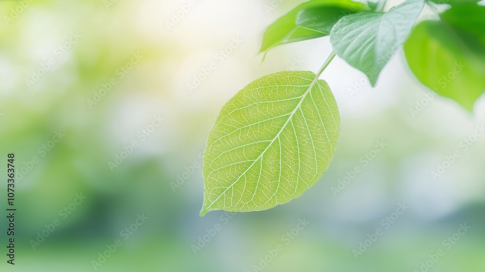 Explore the beauty of nature by observing a single fresh green leaf against a soft background Explore the beauty of nature by observing a single fresh green leaf against a soft background