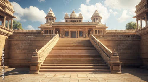 A grand staircase leads up to an ornate palace with multiple domes and balconies.